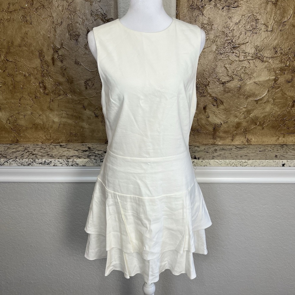 Alice+Olivia Palmira Ruffle Dress - 10 Linen Blend Tiered Hem Off White NWT $275